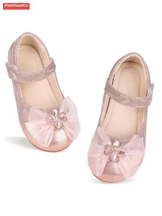 Wide Toe Tulle Bow Rhinestone Princess Dress Shoes Glitter Mary Jane Flats for