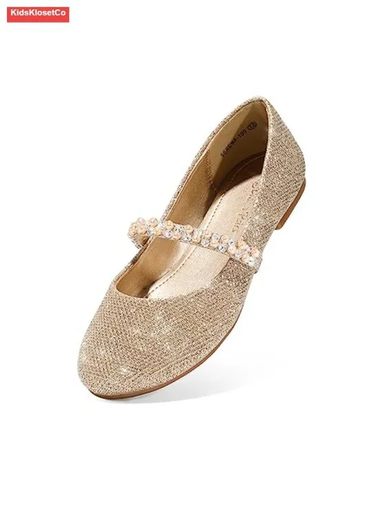 Girls Mary Jane Dress Shoes Ballerina Flats with Pearl Straps