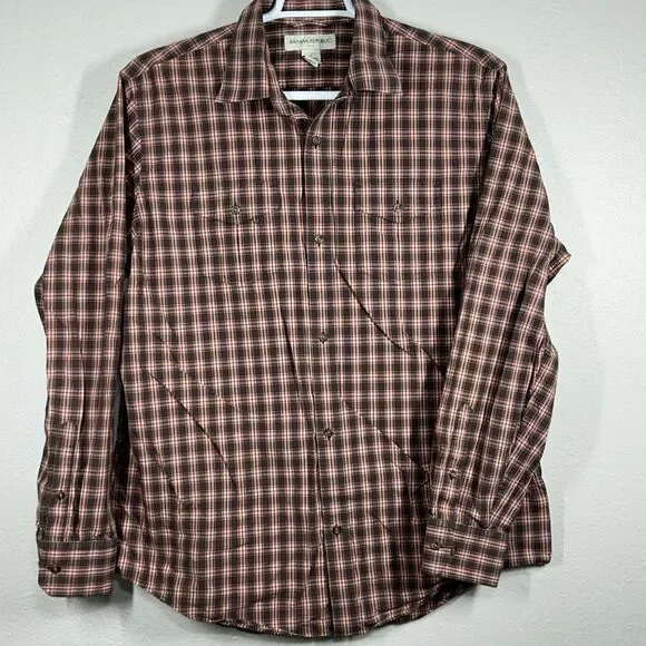 Banana Republic Shirt Mens XL Brown Red Plaid Long Sleeve Button Up Cotton