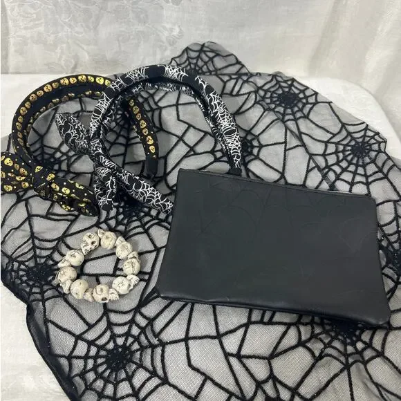 Spookie Set Skulls Spiderwebs Headband Bracelet Pouch Bag Goth Halloween