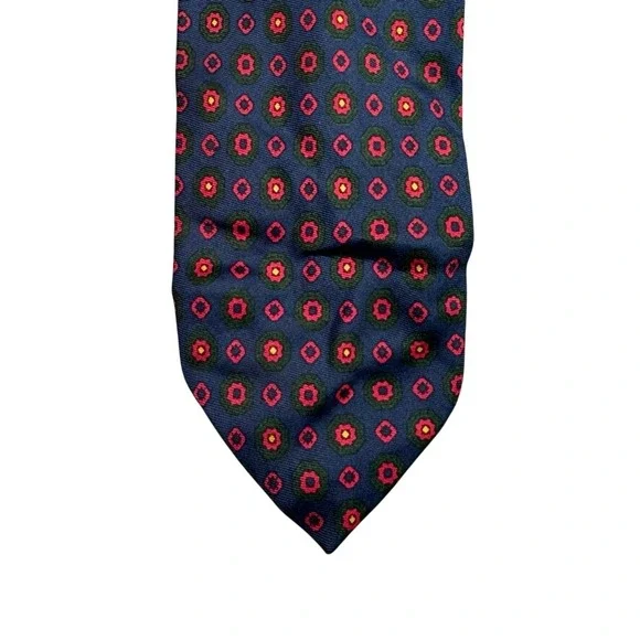 Cantini Firenze Mens Silk Tie Italy Navy Blue Red Green Medallion Geometric 57in