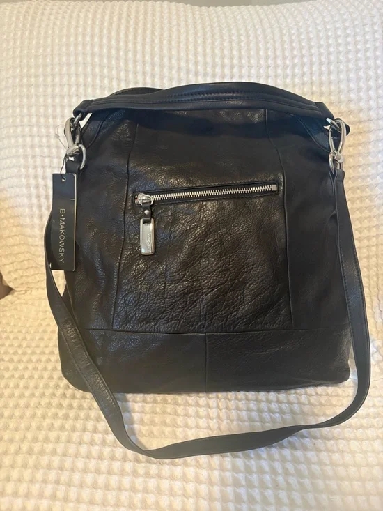 b. makowsky Black Leather Pebbled Hobo Bag with Silver Hardware