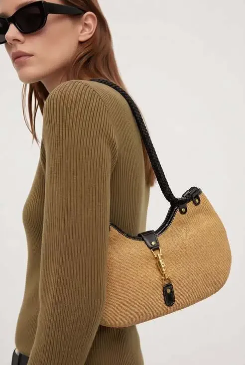 Eric Javits Squishee Straw Hobo Bag with Black Patent Trim