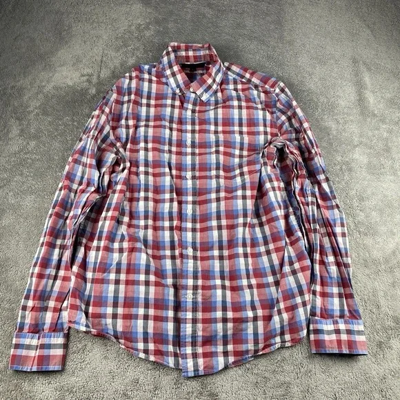Banana Republic Untucked Fit Shirt Mens Large Blue Red Plaid Check Button Down