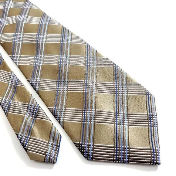 Banana Republic Gold Tan Blue Plaid Woven‎ Wide Silk Tie