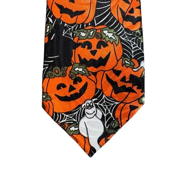 Fratello Mens Halloween Tie Orange Jack-O-Lantern Pumpkin Ghost Spiderweb Black