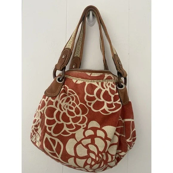 Vintage Fossil Red Floral Canvas Hobo‎ Shoulder Bag