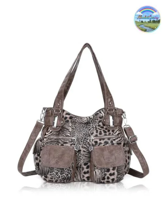 Washed Faux Leather Large Hobo Shoulder Bag Women Double Zipper Multi Pocket