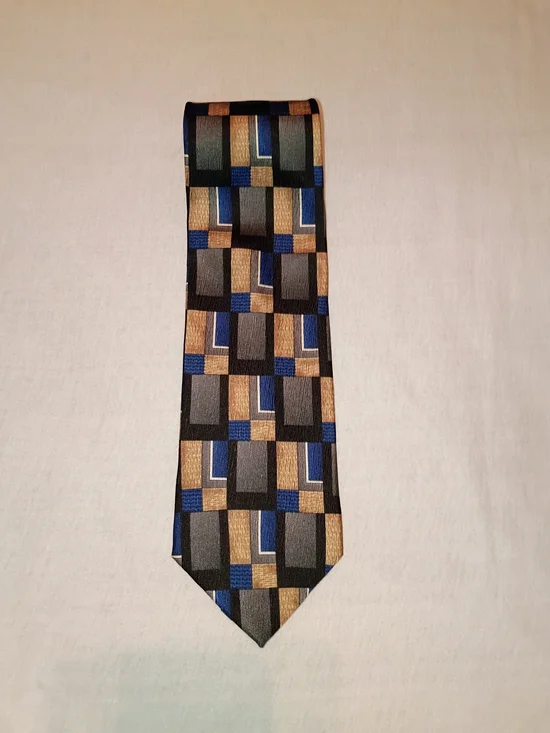 Men's Geometric Pattern Tie in Blue, Tan, Black, Gray