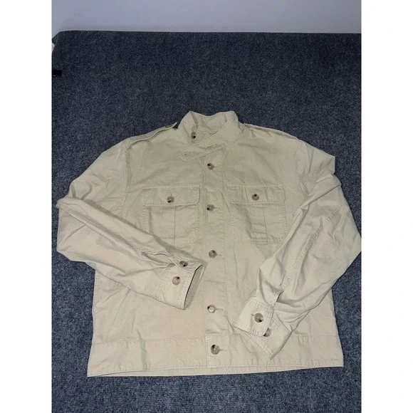 Banana Republic Mens Large Khaki Cotton Military Field Jacket Tan Mock Neck