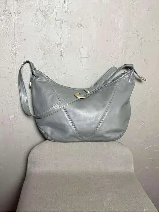 1990's Hobo Bag Gray Leather Minimalist Shoulder Bag from Anne Klein