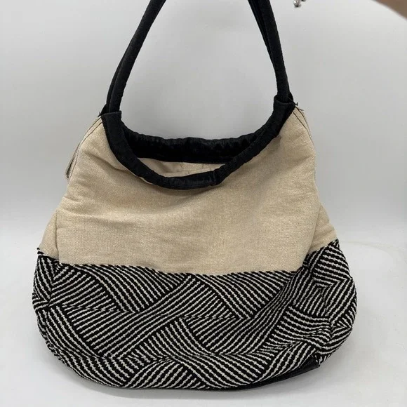 Meissi Genuine Pig Leather & Linen Hobo Shoulder Bag Black Cream‎ Woven Purse