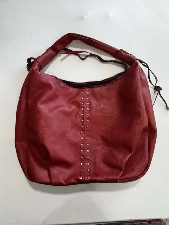 Red Slouchy Hobo Shoulder Bag with Studded Detail and Braided Handle