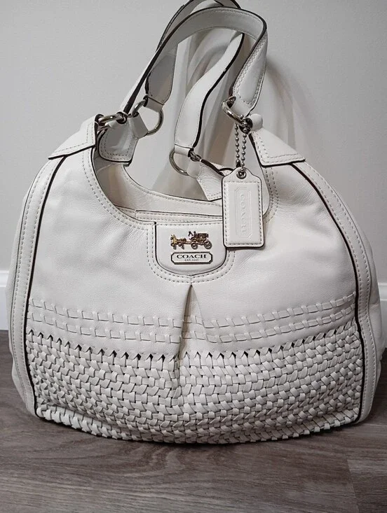 Coach Classic‎ Madison Maggie White Woven Leather Zip Top Hobo Shoulder Handbag