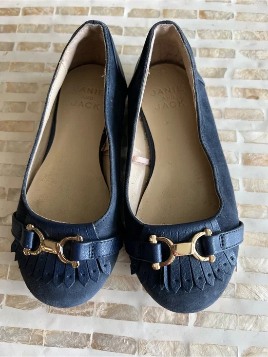 B12 Janie & Jack Blue Suede Fringe Flats Sz 10 Gold Buckle Accent