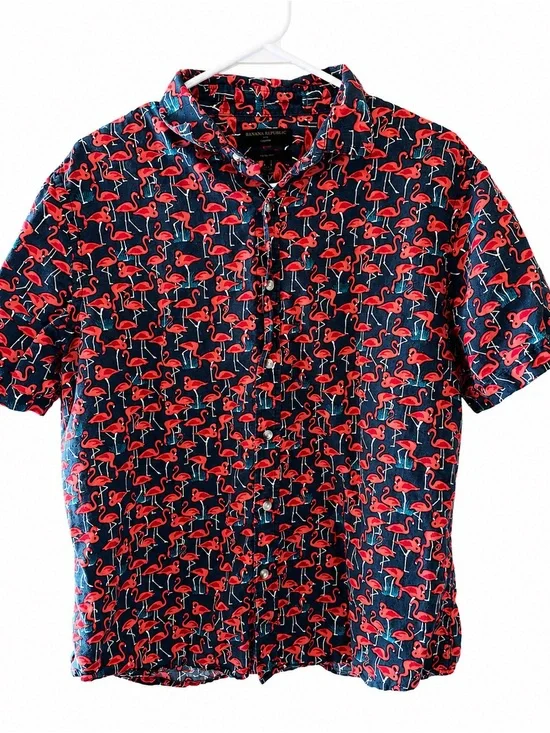 Banana Republic Linen Men's Navy Shirt with Pink Flamingo Print