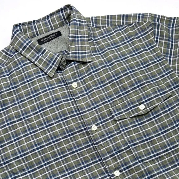 Banana Republic Mens Oxford Shirt Olive Green Size XL Slim Fit Plaid Button Down