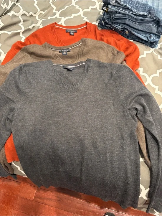 Banana Republic Men's V‑Neck Sweater Trio in Gray, Brown, and Orange