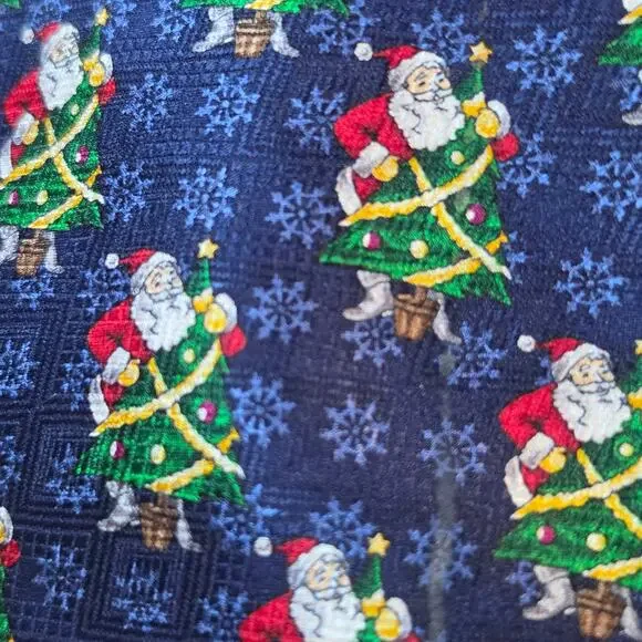 Vintage Jingle Bells Mens Silk Christmas Tie Navy Blue Santa Claus Necktie