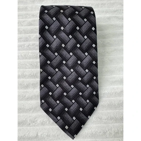 Carlos Devenezia Mens Silk Tie Black Grey Geometric Woven Hand Made RN103007