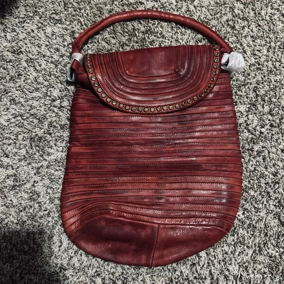 Never Mind! Genuine Leather Patchwork Studded Hobo Shoulder Bag Burgundy Large