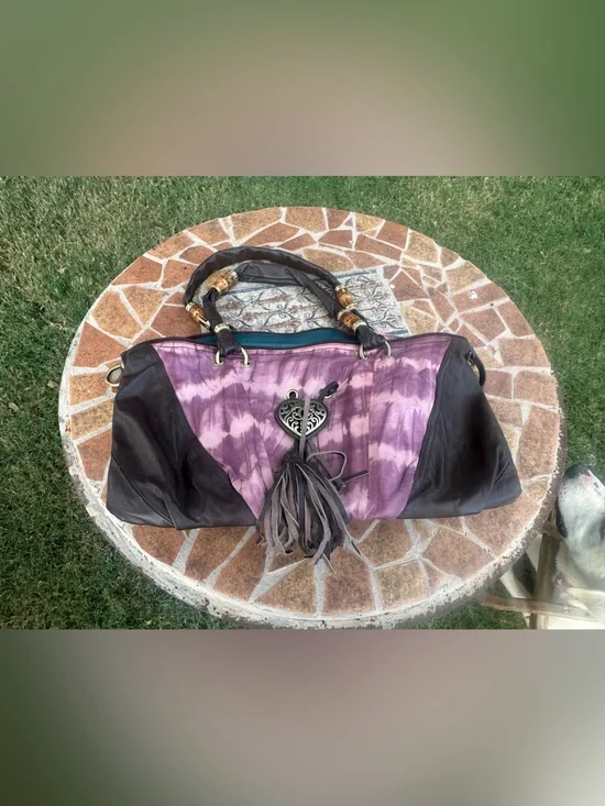Vintage SHARIF New York Purple Tie-Dye Leather Hobo Bag with Heart Charm