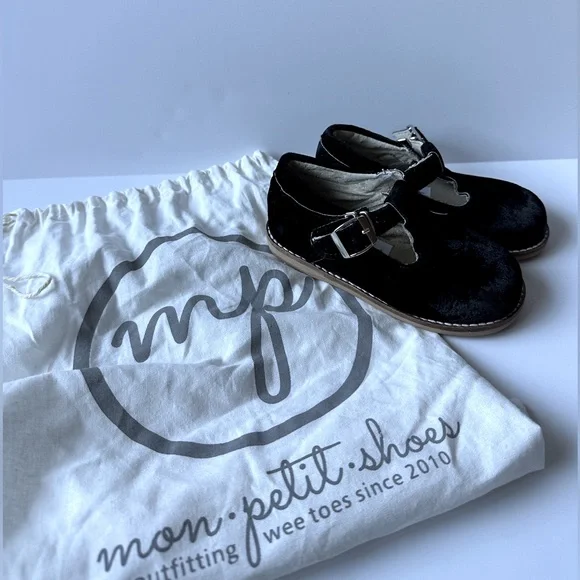 Girls’ Black Velvet‎ Mon Petit T-Strap Shoes