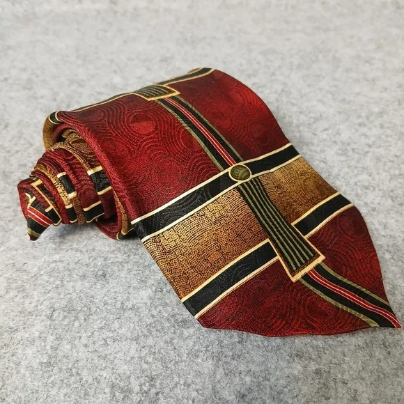 Amore Necktie Mens One Size Burgundy Red Gold Silk‎ Geometric Abstract Stripe