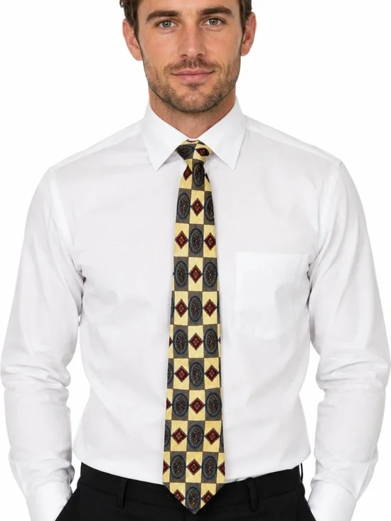 Vintage Bill Blass Silk Tie Gold Geometric Medallion 90s Academic