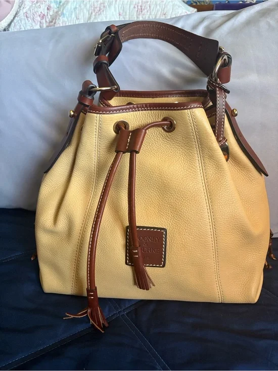 Dooney & Bourke Yellow Leather Bucket Hobo with Brown Trim