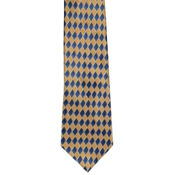 Geoffrey Beene Tie Mens OS Gold Blue Diamond Harlequin 100%‎ Silk Classic Wide