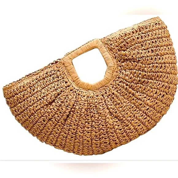 Woven Straw Half-Moon Hobo Tote in Natural Tan