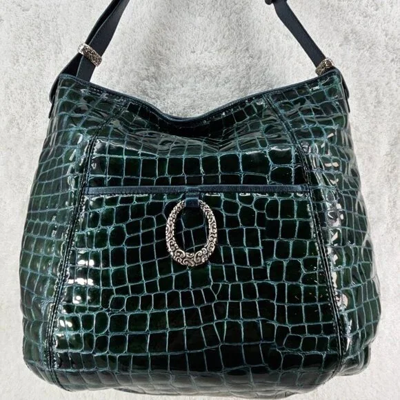 BRIGHTON Jetson Forest Green Patent Croc Leather Adj Strap Hobo Shoulder Bag