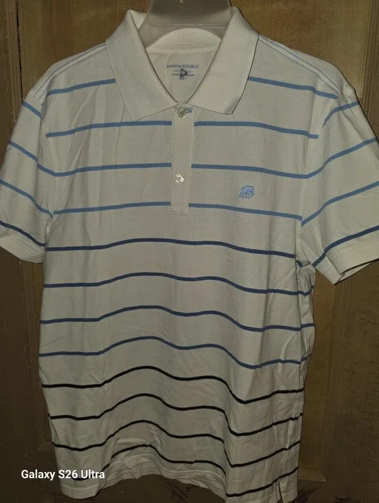 Banana Republic White Polo with Light & Navy Blue Stripes