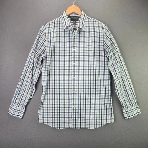 Banana Republic Shirt Mens M Blue Plaid Slim Fit Wrinkle Resistant Button Up LS