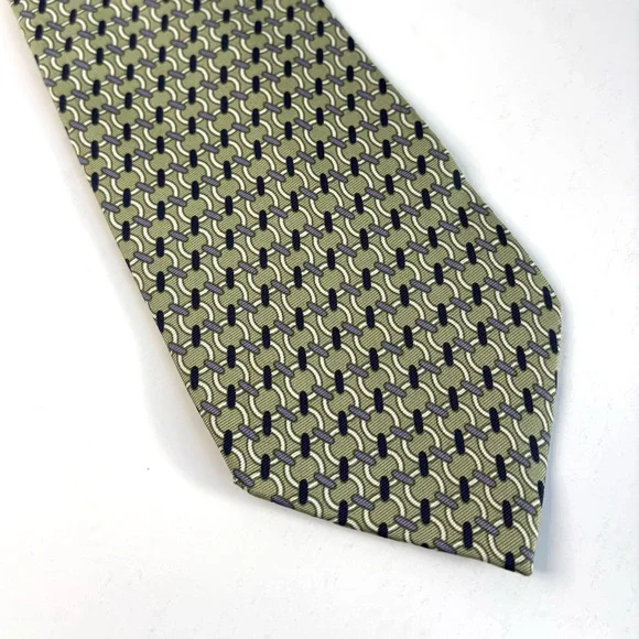 BR Silk Neck Tie Geometric Pattern Made in Italy EUC Green Blue‎ Cream