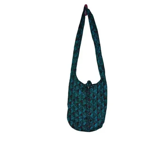Handmade Blue Teal Hippie Hobo Shoulder Bag with Floral Prints