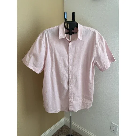 Banana Republic Men XXL Pink Striped Cotton Linen Short Sleeve Button Down Shirt