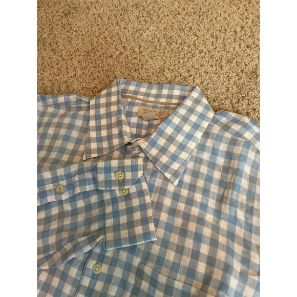 Banana Republic Men's 100% Linen Button Down Shirt Large Blue Gingham Plaid