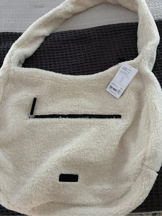 Athleta Cream Sherpa Hobo Bag with Black Zipper Trim