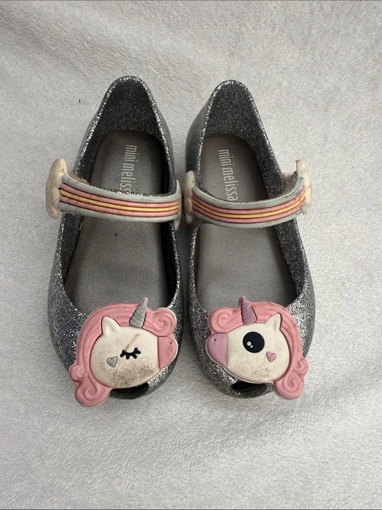 Mini Melissa Girls Silver Glitter Mary Janes with Pink Unicorn Accents