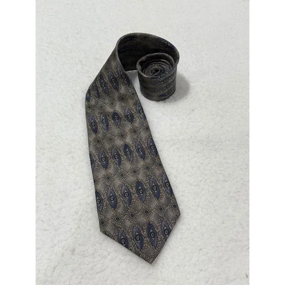 HALSTON‎ Mens Necktie Silk Gray Blue Brown Patterned Geometric Business Formal