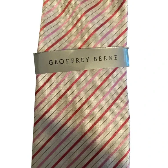 Geoffrey‎ Beene Mens Silk Necktie Pink Burgundy Grey White Striped Handmade Tie