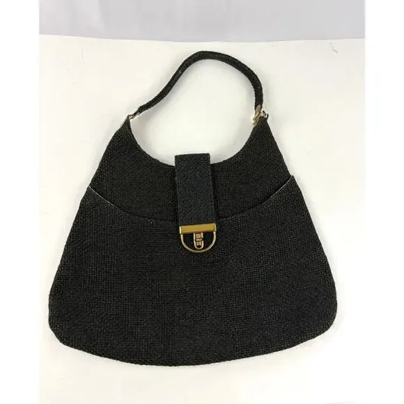 VTG 1970s Charcoal Black Tweed Hobo Bag Gold Hardware‎ Unique