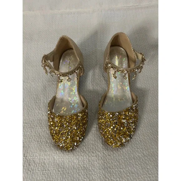 Girls Gold Fairytail Princess Sequin Star Charm Shoes Kitten Heel Pageant Sz3