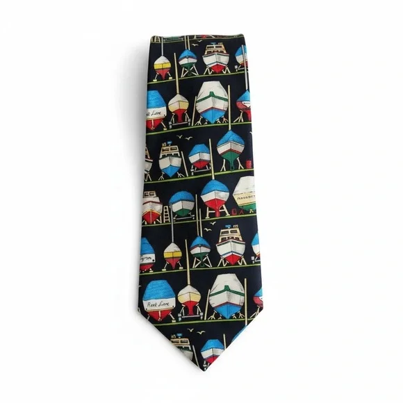 VTG 80s Alynn Neckwear Old Money Sailing Marina Boats Graphic Silk Tie