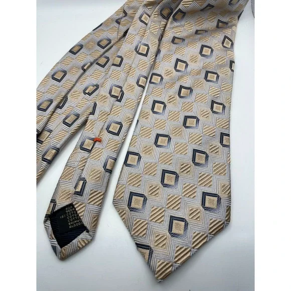 Ermenegildo Zegna Silk Cotton Tie Gold Navy Blue Geometric Square Made in Italy