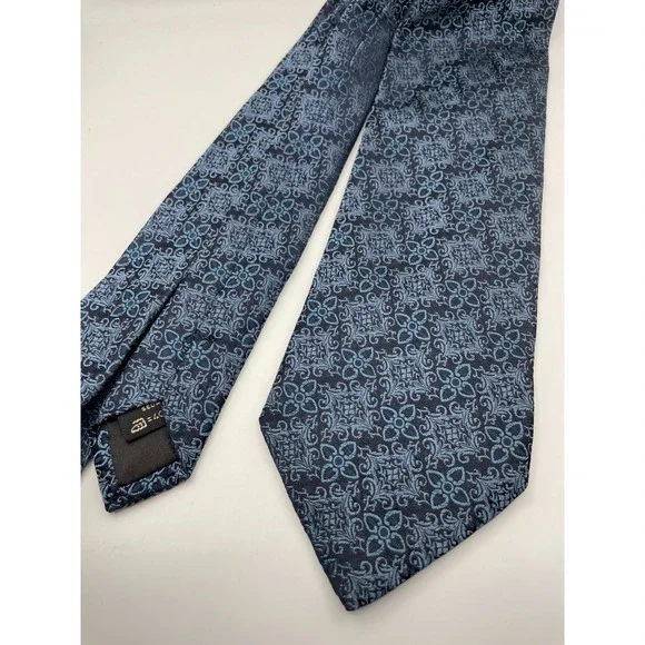 Ermenegildo Zegna Men Silk Tie Navy Blue Floral Medallion Jacquard Made in Italy