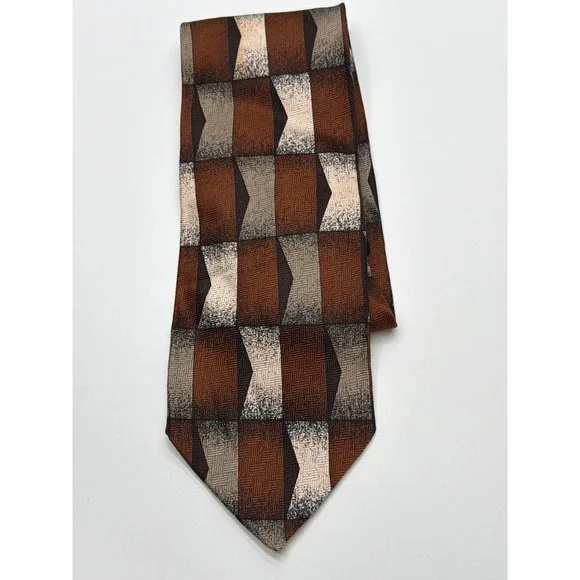 Pierre Balmain Couture Mens Silk Necktie‎ Brown Tan Grey Geometric Hand Made