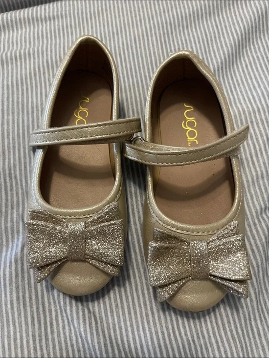 Sugar Metallic Gold Mary Jane Flats with Glitter Bow